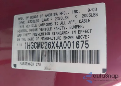 2004 Honda Accord 3.0 Ex z USA, uszkodzony, nr VIN 1HGCM826X4A001675